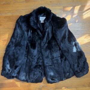 Vintage 100% Dyed Rabbit Fur Black Coat Lined Hook/Eye Closure Womens Size M 80s